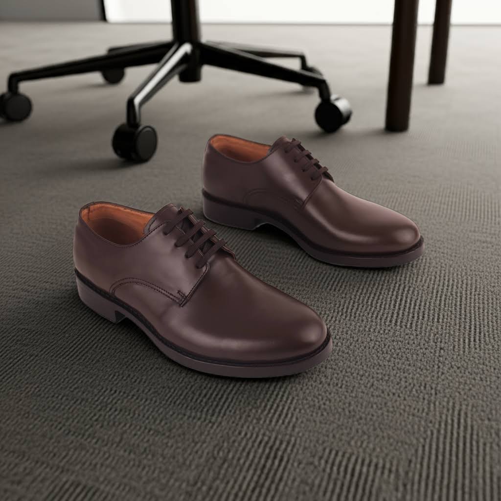 Conceptual image of brown Blucher leather shoes on an office carpet