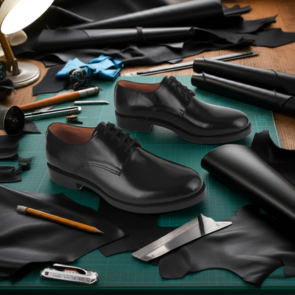 Conceptual image showing black leather dress shoes on a shoemaking workbench with tools. 