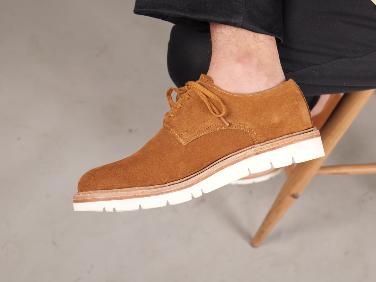 Handmade men’s suede brown leather shoes by Blucher, luxury footwear for professionals