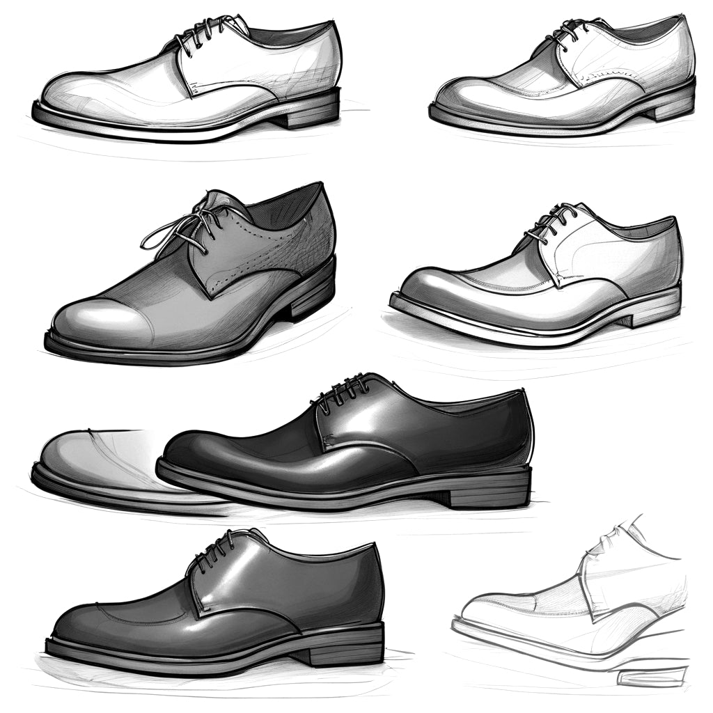 A sketch of formal Blucher shoes highlighting structure, shape, and leather detailing