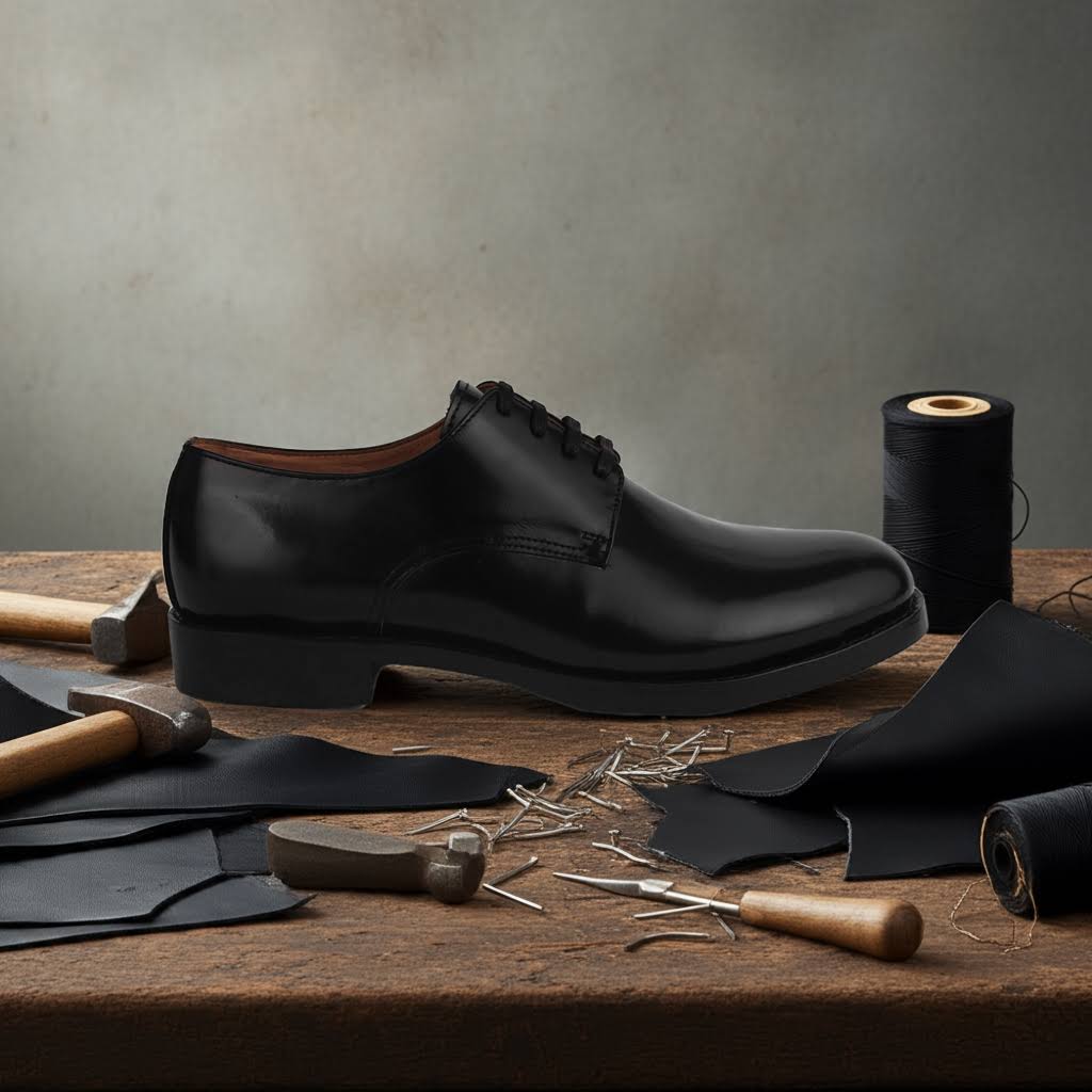 Conceptual image of black Blucher Goodyear welted leather shoes with craftsmanship tools