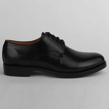 Side view of black Blucher Goodyear welted leather shoe