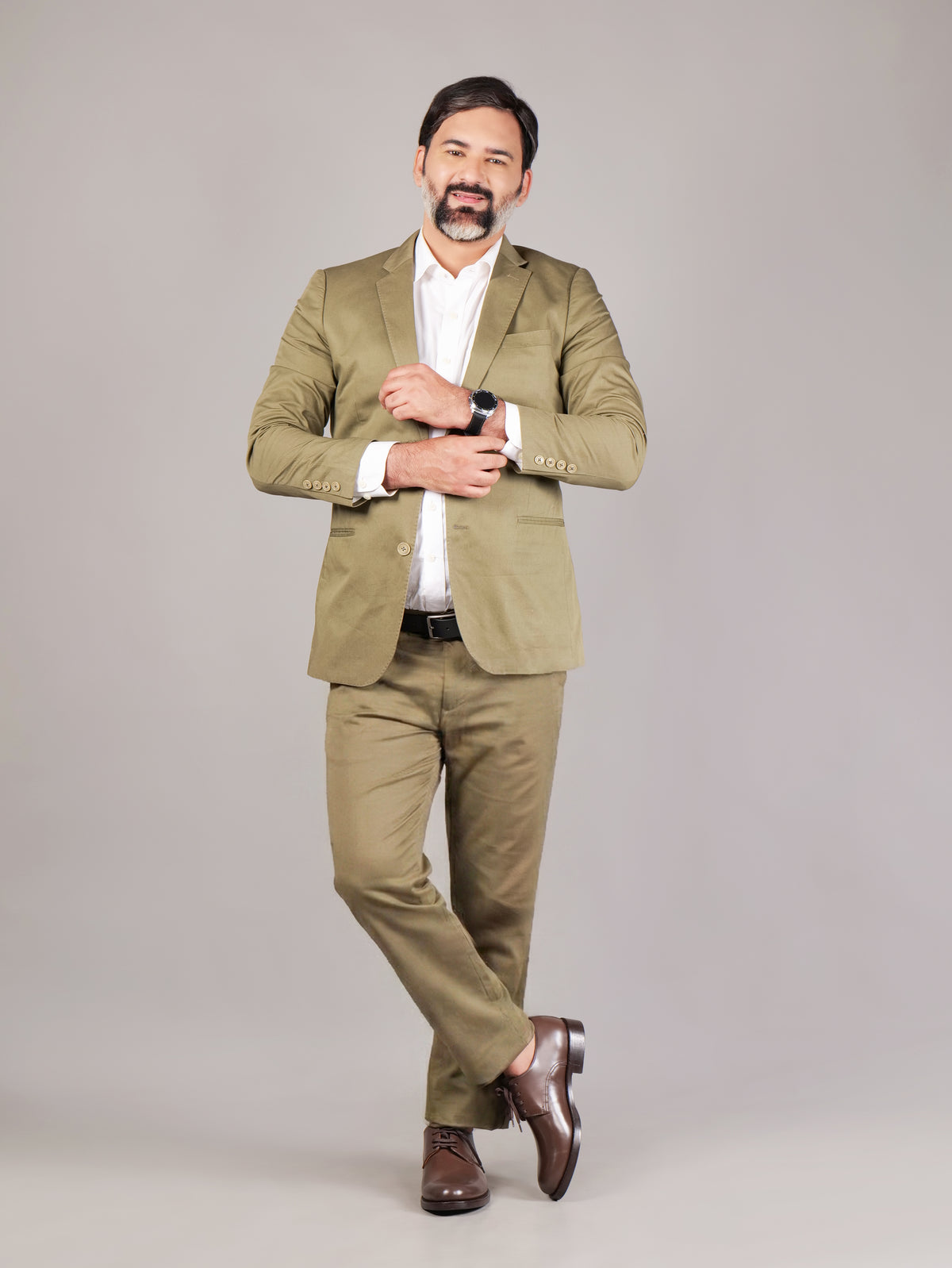 Blucher Classic Executive brown leather Blucher shoes worn by male model on beige background