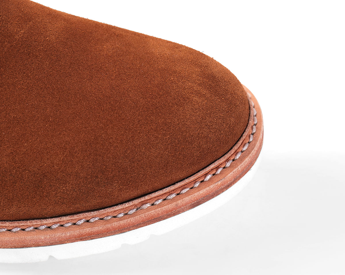 Clean toe design of Blucher Suede shoe in genuine cow hide suede leather