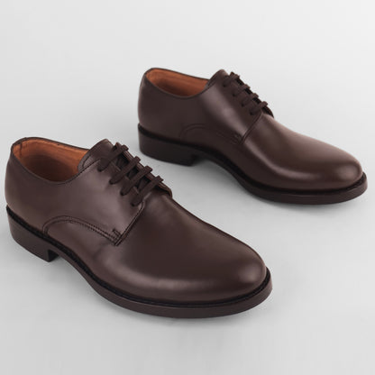 Top view of brown Blucher Goodyear welted shoes with lace-up closure