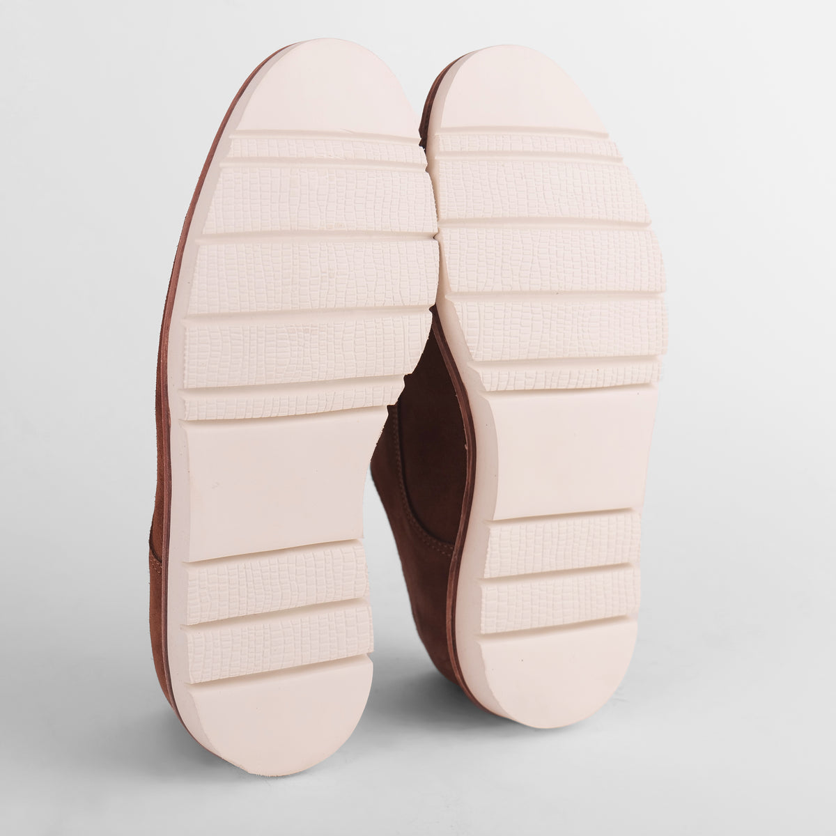 Sole view of brown Blucher Suede shoe with flat sole