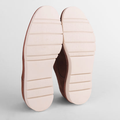 Sole view of brown Blucher Suede shoe with flat sole
