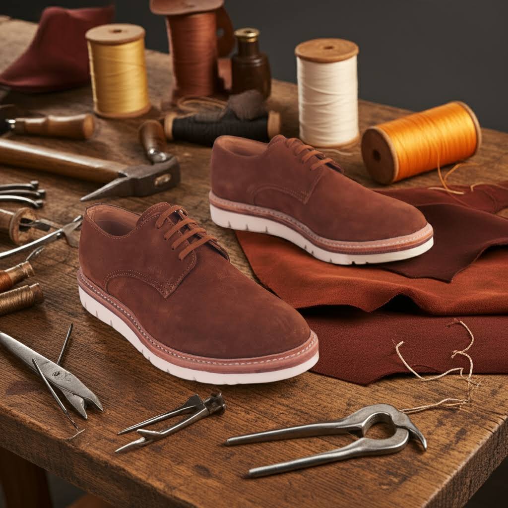 Brown Blucher Suede shoes displayed on a workbench with leather tools and materials