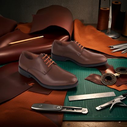 Conceptual image showing black leather dress shoes on a shoemaking workbench with tools